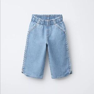 Zara | Schiffly Culotte Jeans Light Blue Size 4Y Elastic Waist Embroidered Trim
